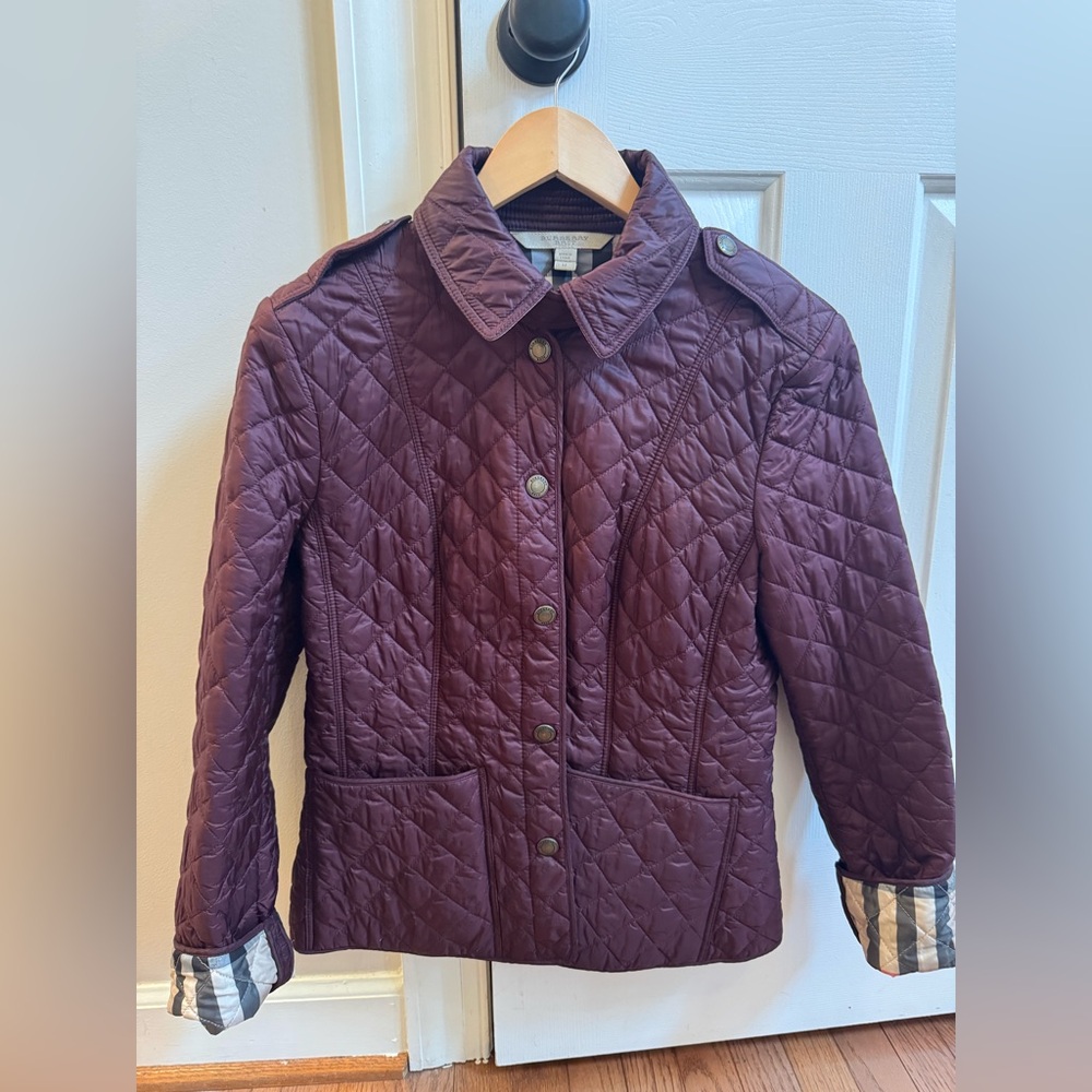 Burberry burgundy  Quilted Jacket with Plaid Accents